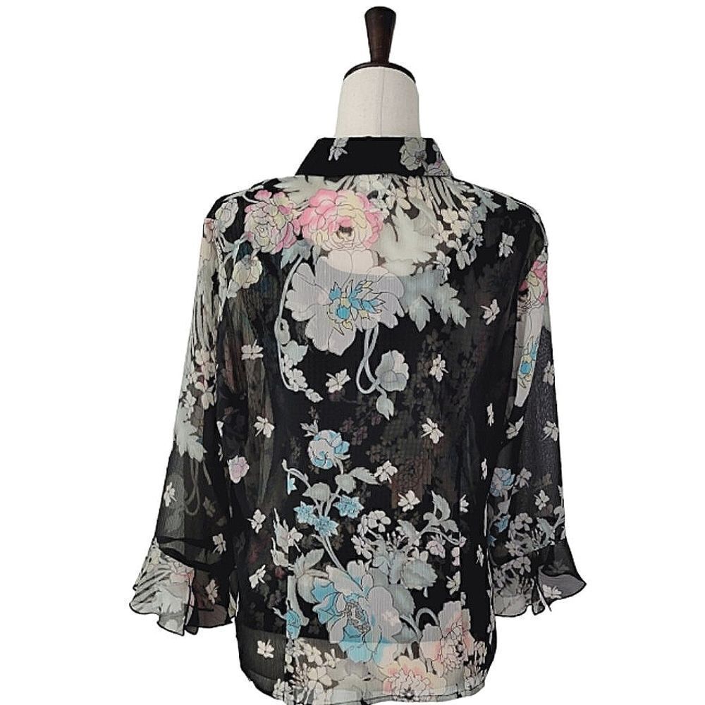 Vintage Nicola Black Floral Sheer Button Down Blouse With Matching Shell Size M - Picture 3 of 9